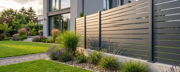 Clôture en aluminium gris anthracite à lames horizontales brise-vue installée le long d'un jardin résidentiel moderne avec pelouse et massifs paysagers, façade de maison contemporaine en arrière-plan
