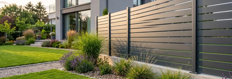 Clôture en aluminium gris anthracite à lames horizontales brise-vue installée le long d'un jardin résidentiel moderne avec pelouse et massifs paysagers, façade de maison contemporaine en arrière-plan